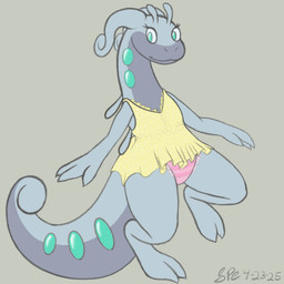 2_toes 3_fingers anthro big_tail bottomwear clothed clothed_anthro clothed_female clothing countershading digitigrade dress eyelashes feet female fingers flat_chested frilly frilly_clothing frilly_panties frilly_underwear front_view green_eyes grey_body gusset long_neck long_tail looking_aside multicolored_body on_one_leg panties pattern_bottomwear pattern_clothing pattern_panties pattern_underwear pink_clothing pink_panties pink_underwear purple_body purple_countershading short_dress simple_background smile snout solo standing striped_bottomwear striped_clothing striped_panties striped_underwear stripes sundress tail tan_background tapering_tail thick_tail thick_thighs toes two_tone_body underwear wide_hips yellow_clothing yellow_dress spe nintendo pokemon laeda generation_6_pokemon goodra mollusk pokemon_(species) scalie 1:1 2025 dated digital_drawing_(artwork) digital_media_(artwork) flat_colors hi_res procreate_(artwork) signature
