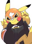 ambiguous_gender clothing cosplay_pikachu_(costume) dipstick_ears double_v_sign ear_markings feral gesture hand_gesture looking_at_viewer mask multicolored_ears semi-anthro simple_background smile solo v_sign yellow_body dorobo_39 nintendo pokemon pikachu_libre generation_1_pokemon pikachu pokemon_(species) 2023 hi_res