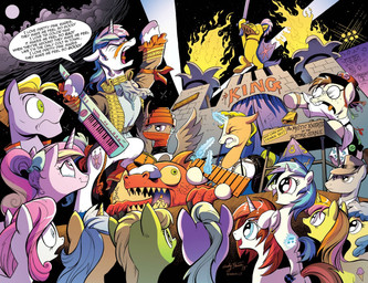 armor band cowbell ear_piercing eyewear feathered_wings feathers female fire glasses glockenspiel group headgear helmet horn male music musical_instrument night percussion_instrument piercing singing stage text wings unknown_artist friendship_is_magic hasbro my_little_pony mythology long_play_(mlp) princess_cadance_(mlp) shining_armor_(mlp) vinyl_scratch_(mlp) equid equine mammal mythological_creature mythological_equine pegasus unicorn english_text hi_res