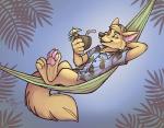 4_toes 5_fingers aloha_shirt anthro arm_tuft beverage cheek_tuft chest_tuft clothing crossed_legs elbow_tuft eyes_closed facial_tuft feet fingers fluffy fluffy_tail fur hammock hand_behind_head holding_object male outside pattern_clothing pattern_shirt pattern_topwear pawpads relaxing shirt simple_background smile solo tail tan_body tan_fur toes topwear tuft abigfathen goldenrod canid canine fox mammal 2018