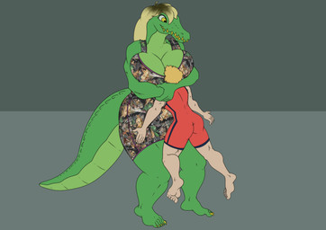 anthro asphyxiation bear_hug big_breasts blonde_hair breast_smother breasts butt camo camo_clothing camo_print clothing dominant dominant_anthro dominant_female duo female female_on_human hair lifting_another lifting_partner male male/female pattern_clothing pinned sharp_teeth smothering submission_hold submissive submissive_human submissive_male tail teeth thick_tail thick_thighs wrestling wrestling_singlet norsuiso alligator alligatorid crocodilian human mammal reptile scalie absurd_res hi_res