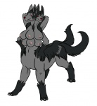 2_heads 4_arms 6_breasts amelia_(xolroc) breasts female fur generation_3_pokemon grey_body grey_fur hands_behind_head mammal mightyena multi_arm multi_breast multi_head multi_limb multi_tail multifur natuprunk neowulf nintendo nipples one_eye_closed pokemon pokemon_(species) pokemon_taur pokemorph red_eyes simple_background solo tail taur taurification what what_has_science_done white_background wink xolroc