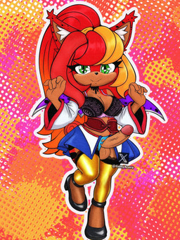 anthro balls bottomwear bra breasts clothing erection fangs footwear fur genitals gynomorph hair high_heels humanoid_genitalia humanoid_penis intersex legwear looking_at_viewer panties penis shoes simple_background skirt smile solo standing stockings tail teeth underwear genyacero felid feline lynx mammal 3:4 digital_media_(artwork) hi_res