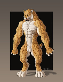 4_toes 5_fingers abs animal_genitalia anthro arm_tuft balls bared_fangs bared_teeth biceps big_muscles biped black_background black_claws black_sclera border broad_shoulders brown_lips brown_nose cheek_tuft claws countershade_feet countershade_torso countershading curled_fingers deltoids digitigrade dipstick_ears dipstick_fingers dipstick_tail ear_markings ear_tuft facial_tuft fangs feet finger_claws fingers flexing flexing_chest forearm_muscles fully_sheathed fur genitals gradient_border grey_border huge_muscles inner_ear_fluff leopard_spots lips male mane markings multicolored_body multicolored_ears multicolored_fur muscular muscular_anthro muscular_male neck_tuft nude nude_anthro nude_male pawpads paws pecs pink_pawpads quads retractable_claws serratus sharp_teeth sheath short_tail simple_background snout solo spots standing tail tail_markings tan_body tan_fur teeth text toes triceps tuft two_tone_body two_tone_fur whiskers white_body white_fur yellow_eyes thetigress bobcat felid feline lynx mammal 2026 artist_name hi_res shaded