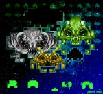 fangs green_body green_skin grey_body grey_skin multi_eye not_furry teeth text yellow_body yellow_skin jimiyo space_invaders square_enix taito laser_cannon_(space_invaders) alien crab_(space_invaders) octopus_(space_invaders) squid_(space_invaders) digital_media_(artwork) pixel_(artwork) url watermark