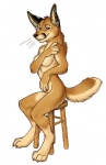 abstract_background anthro biped breasts covering covering_self ear_piercing featureless_breasts female looking_at_viewer nude piercing simple_background sitting solo tail zaush klandagi canid canine fox mammal digital_media_(artwork)