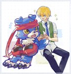 accessory anthro blonde_hair blue_body blue_eyes blue_fur blush boxing_gloves claws clothing duo fur hair handwear headband male necktie petting topwear vest lanllan bandai_namco digimon digimon_data_squad thomas_norstein canid canine digimon_(species) gaomon human mammal