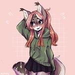 anthro black_bottomwear black_clothing black_skirt blush bottomwear clothing female fur green_clothing green_hoodie green_topwear hoodie simple_background skirt solo topwear white_body white_fur anakoluth caracal caracal_(genus) felid feline mammal 1:1 hi_res