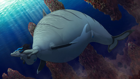 belly big_belly black_hair breasts female grey_body hair horn nipples overweight solo split_form underwater water meanybeany aquatic merfolk 16:9 2024 hi_res widescreen