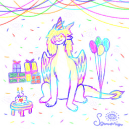 balloon birthday birthday_candle birthday_gift birthday_party box cake clothing confetti container dessert feathered_wings feathers feral floating_eyes food fur gift_box hat headgear headwear horn inflatable male orange_eyes party party_hat quadruped solo tail white_body white_feathers white_fur wings yellow_body yellow_feathers yellow_fur somnarion_(artist) mythology somnarion dragon furred_dragon furred_scalie mythological_creature mythological_scalie scalie 1:1 hi_res