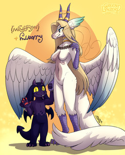6_wings abstract_background ambigram anthro barbel_(anatomy) blonde_hair breasts countershading dark_sclera duo facial_markings fangs feathered_wings feathers featureless_breasts featureless_chest featureless_crotch feet female fur hair hand_holding head_markings head_wings hip_wings horizontal_pupils horn horn_jewelry jewelry long_hair looking_at_viewer markings multi_wing navel necklace nude pawpads pupils purple_body purple_scales reverse_countershading scales scutes simple_background size_difference slit_pupils smile spade_tail tail talon_hands talons teeth toes unusual_wing_placement white_body white_fur wings yellow_background yellow_eyes young conditional_dnp greenlinzerd mythology gwenffrewi mulberry_(greenlinzerd) dragon furred_dragon furred_scalie mythological_creature mythological_scalie scalie 2026 hi_res signature daughter_(lore) mother_(lore) mother_and_child_(lore) mother_and_daughter_(lore) parent_(lore) parent_and_child_(lore) parent_and_daughter_(lore)
