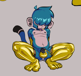 anthro chastity_cage chastity_device clothing crouching ear_piercing ear_ring glistening glistening_clothing gloves handwear latex latex_clothing latex_gloves latex_handwear male navel nipples penetration piercing ring_piercing solo tail urethral urethral_penetration owy bloons_tower_defense ninja_kiwi ooky_(character) haplorhine mammal monkey primate hi_res