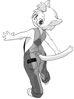 anthro clothing eyewear glasses high-angle_view looking_back male overalls rear_view simple_background solo standing white_background young young_anthro young_male manmosu_marimo shota_feline_(marimo) domestic_cat felid feline felis mammal 2015 3:4 digital_media_(artwork) full-length_portrait monochrome portrait
