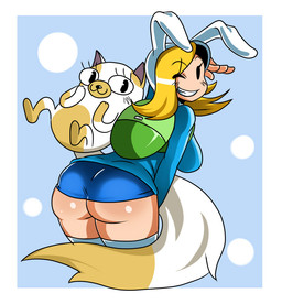 anthro backpack blonde_hair blue_background bottomwear breasts butt clothed clothing duo eyelashes fake_ears fake_rabbit_ears female fluffy fluffy_tail hair human_focus long_tail looking_back not_furry_focus one_eye_closed shirt shorts side_boob simple_background smile tail teeth tight_clothing topwear wink sssonic2 adventure_time cartoon_network fionna_and_cake_(franchise) cake_the_cat fionna_the_human domestic_cat felid feline felis human mammal sibling_(lore) sister_(lore) sisters_(lore)