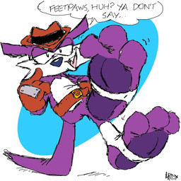 3_toes anthro big_feet clothing dialogue feet foot_fetish foot_focus gloves handwear hat headgear headwear looking_at_viewer male plantigrade purple_body soles solo stirrup_legwear talking_to_viewer text toes lprox sega sonic_the_hedgehog_(series) fang_the_hunter dipodid jerboa mammal rodent 1:1 english_text