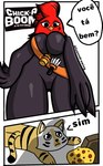 anthro big_breasts breasts duo female food male pizza text luanndrawing apu_spills_his_nuggies the_pizza_company chick-a-boom chickira_(chick-a-boom) dan_(luanndrawing) avian bird domestic_cat felid feline felis mammal hi_res meme portuguese_text translated