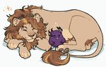 brown_body brown_fur duo feathers feral feralized fur hair male ponytail purple_body purple_feathers sleeping maskofgabriel hololive hololive_en holostars holostars_en vtuber banzoin_hakka goldbullet avian bird felid lion mammal pantherine