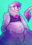 ambiguous_gender anthro belly binder_(clothing) blue_eyes bulge crotch_tuft featureless_crotch fur grey_body grey_fur hair markings navel pink_hair purple_hair simple_background slightly_chubby slightly_chubby_ambiguous solo spots spotted_markings spread_legs spreading tail tail_tuft thick_thighs tongue tongue_out tuft whiskers white_body white_fur tailtufts felid lion mammal pantherine digital_media_(artwork) trans_(lore)