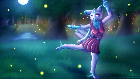 anthro belt big_ears blouse blue_body blue_fur bottomwear cape chest_tuft clothed clothed_anthro clothing collar dancing detailed_background digit_ring female flower_tail fluffy forest forest_background fur glowing glowing_eyes grass grass_field happy head_gem head_tuft heart_tag jewelry lake light looking_away moonlight night paws pink_body pink_fur plant purple_eyes ring skirt sky solo star starry_sky topwear tree tuft wedding_ring stellaamoris nintendo pokemon veo_(st3veo) arthropod beetle eeveelution elateroid espeon firefly generation_2_pokemon hybrid insect lewxen pokemon_(species) 16:9 4k absurd_res digital_media_(artwork) digital_painting_(artwork) hi_res painting_(artwork) wallpaper widescreen