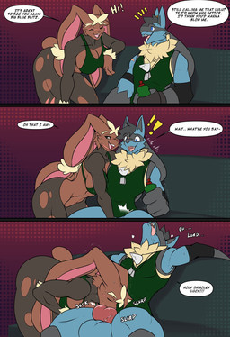 anthro anthro_on_anthro anthro_penetrated anthro_penetrating anthro_penetrating_anthro balls big_balls big_breasts big_ears big_penis blue_body blue_eyes blue_fur bottle bra breasts brown_body brown_fur chest_spike clothing container dialogue dog_tags duo fellatio female female_penetrated fur genitals huge_breasts interspecies knot leggings legwear long_ears male male/female male_penetrating male_penetrating_female muscular muscular_anthro muscular_female oral penetration penile penis sex shirt smile speech_bubble spikes spikes_(anatomy) tank_top text topwear torn_clothing torn_leggings torn_legwear underwear water_bottle tattoorexy nintendo pokemon blitz_(modblitzwing) lucy_hopper canid generation_4_pokemon generation_6_pokemon lagomorph lucario mammal mega_evolution mega_lopunny pokemon_(species) 2025 comic english_text hi_res