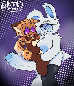 ambiguous_gender anthro balls bell bell_collar belly big_balls big_breasts big_penis bodily_fluids box breast_fondling breast_grab breast_play breast_squish breasts butt cardboard cardboard_box collar container cum dizzy dominant duo excessive_cum excessive_genital_fluids eyewear fluffy fluffy_penis fondling genital_fluids genitals glasses gynomorph hand_on_breast huge_balls huge_breasts huge_penis hyper hyper_balls hyper_breasts hyper_genitalia hyper_penis hypnotic_eyes intersex intersex/intersex male male/male penis piercing precum scut_tail short_tail sitting sitting_on_another size_difference spiral spiral_eyes squish submissive sweat sweatdrop tail worried worried_look astralalexys lyre_(astralalexys) box_head felid feline humanoid lagomorph leporid mammal rabbit absurd_res hi_res