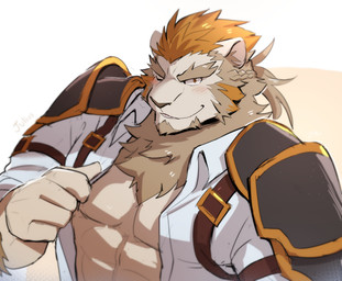 anthro barazoku blush blush_lines braided_hair clothed clothing hair looking_at_viewer male muscular muscular_anthro muscular_male open_clothing open_shirt open_topwear shirt simple_background solo topwear white_background sollyz knights_college julius_quignard felid lion mammal pantherine 2021