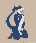 abs anthro athletic blue_body blush bodily_fluids cum cum_in_mouth cum_inside cum_on_face cumshot ejaculation genital_fluids kneeling male masturbation multicolored_body navel nipples nude open_mouth piercing raised_tail simple_background solo tail tongue tongue_out two_tone_body white_body spelunker_sal bandai_namco digimon hasbro patreon roommates_(comic) giancarlo_rosato digimon_(species) flamedramon digital_media_(artwork) hi_res