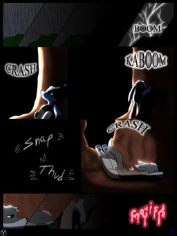 ambiguous_gender anthro blood bodily_fluids clothing electricity falling lightning plant raining solo storm thunder torn_clothing tree young young_anthro teckit teckit_vance canid mammal 3:4 absurd_res comic hi_res