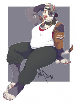 anthro backwards_baseball_cap backwards_hat baseball_cap black_collar blue_eyes bottomwear clothed clothing collar cropped_ears female half-closed_eyes hat headgear headwear musclegut muscular muscular_anthro muscular_female narrowed_eyes overweight overweight_anthro overweight_female pants shirt solo tank_top thick_thighs tomboy topwear redpixie quillan canid canine canis domestic_dog mammal pit_bull hi_res