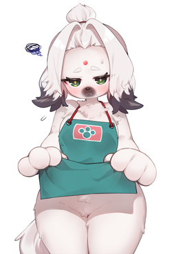 anthro apron apron_only bindi blush bodily_fluids clothed clothing clothing_lift female genitals green_eyes grey_body grey_hair hair solo sweat sweatdrop vulva young sonira mihoyo zenless_zone_zero cairn_(zenless_zone_zero) canid canine canis domestic_dog mammal absurd_res hi_res