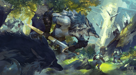 anthro black_nose blue_body blue_fur clothing detailed_background fangs fur gloves group handwear male melee_weapon open_mouth outside plant shield sword teeth tree weapon white_body white_fur ovopack avian canid canine canis mammal wolf 2016 hi_res