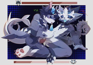 anal anal_penetration anthro arm_markings black_sclera blue_horn blue_penis blush bodily_fluids claws countershading cum cum_drip cum_from_mouth cum_in_ass cum_in_hair cum_in_mouth cum_inside cumshot dripping duo ear_tuft ejaculation energy_drain finger_claws gameplay_mechanics genital_fluids genitals gloves_(marking) gui hair hand_markings handjob handjob_while_penetrating health_bar heart_eyes heart_symbol horn kneeling leaning_on_hand leg_markings licking looking_at_another looking_at_partner male male/male markings narrowed_eyebrows open_mouth open_smile oral pattern_background penetration penile penile_penetration penis penis_in_ass penis_lick red_penis sex simple_background skeletal_tail smile socks_(marking) toe_claws tongue tongue_out tuft white_body white_countershading ningning american_mythology indigenous_north_american_mythology mythology north_american_mythology aquatic fish shark wendigo hi_res