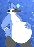 anthro beak belly big_belly blue_body feathers male pregnant pregnant_male smile solo wolfox90210 cartoon_network regular_show mordecai_(regular_show) avian bird corvid jay_(bird) oscine passerine 2025 hi_res