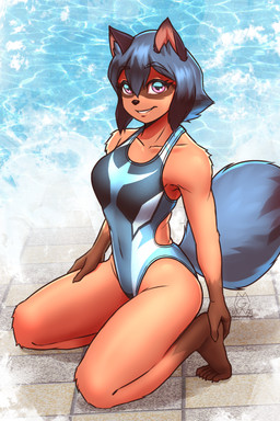 5_toes anthro backless_clothing backless_swimsuit clothing feet female one-piece_swimsuit smile solo swimwear toes water mykegreywolf brand_new_animal netflix studio_trigger michiru_kagemori canid canine mammal raccoon_dog tanuki 2023 2:3 absurd_res digital_media_(artwork) hi_res watermark