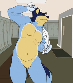 5_fingers anthro crotch_tuft detailed_background drying drying_body drying_themselves eyes_closed fingers holding_object holding_towel locker locker_bench locker_room male noise_filter overweight overweight_male patterned_fur solo standing tail towel tuft boblios bluey_(series) bandit_heeler canid canine mammal absurd_res hi_res signature