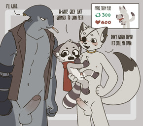 age_difference anthro balls bottomless carrying_another cigarette clothed clothing dialogue fur genitals grey_body grey_fur group humanoid_genitalia humanoid_penis imminent_sex like_goal male markings mostly_nude nipples nude penis retweet_goal scarf scarf_only simple_background size_difference strip_game striped_markings striped_tail stripes tail tail_markings text topwear topwear_only trio young young_anthro young_male younger_male capnkabi gray_(capnkabi) kabi_(capnkabi) silver_(capnkabi) aquatic canid canine fish fox mammal procyonid raccoon colored english_text