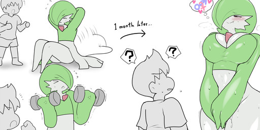 big_breasts biped blush bodily_fluids bottomwear breasts clothed clothed_human clothed_male clothing duo exercise female female_humanoid genital_fluids green_body green_hair hair heart_symbol male question_mark sit-up standing sweat sweatdrop topwear vaginal_fluids weightlifting white_body workout enigi09 nintendo pokemon gardevoir generation_3_pokemon human humanoid mammal pokemon_(species) hi_res