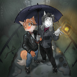 duo fence lamp plant puddle raining tree umbrella kapri kapri_(kapri) bovid canid canine caprine goat mammal 1:1 absurd_res hi_res