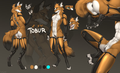 andromorph anthro butt cybernetic_arm cybernetic_eye cybernetic_leg cybernetic_limb cybernetics genitals grin intersex looking_at_viewer machine nude presenting presenting_hindquarters presenting_vulva smile solo vulva fluffyw0lf tobur_(gaussly) canid canine cyborg fox mammal hi_res model_sheet