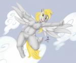 anthro anthrofied blonde_hair breasts clitoris cloud cutie_mark feathered_wings feathers female flying fur genitals grey_body grey_feathers grey_fur hair hooves long_hair looking_at_viewer navel nipples nude open_mouth outside presenting pussy sky skyscape smile solo stretching wings yellow_eyes shigoto friendship_is_magic hasbro my_little_pony mythology derpy_hooves_(mlp) equid equine mammal mythological_creature mythological_equine pegasus hi_res