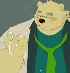 anthro blush bodily_fluids cigarette cigarette_in_mouth clothing coat cum cum_on_hand eyebrows genital_fluids hair lab_coat male necktie object_in_mouth overweight overweight_male ponytail smoking solo sweat thick_eyebrows topwear sessa lifewonders tokyo_afterschool_summoners leib_(tas) bear mammal polar_bear ursine