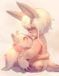 ambiguous_gender anthro claws clothed clothing duo embrace eyes_closed hair hi_res hug lagomorph made_in_abyss mammal mitty nanachi narehate paws red_eyes short_hair sitting smile stardragonhorse topless white_hair