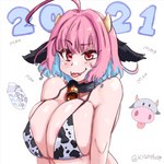 ahoge alternate_species animal_ears animal_print animal_print_bikini areola areola_slip bell bell_collar big_breasts bikini blue_hair blush breasts clothing collar cow_print cow_print_bikini eyelashes female hair horn hucow huge_breasts looking_at_viewer multicolored_hair pattern_bikini pattern_clothing pattern_swimwear pink_areola pink_hair red_eyes simple_background smile solo swimwear tan_body tan_horn tan_skin text tongue tongue_out two-piece_swimsuit two_tone_hair white_background kisomuro cygames idolmaster_cinderella_girls riamu_yumemi animal_humanoid bovid bovid_humanoid bovine bovine_humanoid cattle_humanoid horned_humanoid humanoid mammal mammal_humanoid 1:1 hi_res