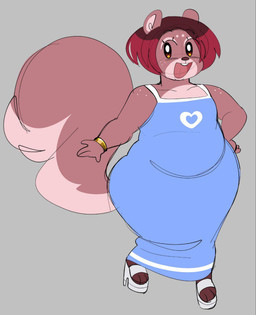 3_toes anthro big_butt big_tail blue_clothing buckteeth butt cartoon_freckles clothed clothing crossdressing dress feet femboy feminine footwear freckled_face freckled_shoulders freckles gold_(metal) gold_jewelry hair happy high_heels jewelry male overweight red_hair shoes slightly_chubby slightly_chubby_male smile solo tail teeth thick_thighs toeless_footwear toes wide_hips jamcassette mammal rodent sciurid tree_squirrel