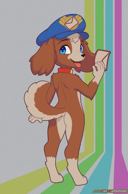 anthro biped black_nose blue_eyes brown_body brown_fur butt clothing collar countershade_butt countershade_face countershade_fur countershade_tail countershading delivery_(commerce) delivery_employee envelope eyebrows floppy_ears fluffy_ears fur gloves_(marking) hat head_tuft headgear headwear holding_envelope leg_markings looking_at_viewer looking_back looking_back_at_viewer lop_ears male markings mostly_nude multicolored_body open_mouth open_smile postal_carrier postal_delivery rear_view smile socks_(marking) solo tail teeth tongue tongue_out tuft two_tone_body white_body white_countershading white_fur white_markings young young_anthro young_male jamesfoxbr jimmy_pupper canid canine canis domestic_dog mammal 2026 hi_res