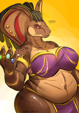 anthro armband back_rolls belly belly_rolls big_breasts bottomwear bra bracelet breasts brown_body brown_scales cleavage clothed clothing curvy_figure deep_navel eyelashes fangs female furgonomic_piercing furgonomics gold_(metal) harem harem_outfit jewelry loincloth midriff multicolored_body multicolored_scales navel non-mammal_breasts overweight overweight_anthro overweight_female piercing red_body red_eyes red_scales ring scales serious_face simple_background slightly_chubby slightly_chubby_female snake_hood snake_hood_piercing solo teeth thick_thighs two_tone_body two_tone_scales underwear voluptuous wide_hips yellow_background ocaritna cobra reptile scalie snake 2017 hi_res