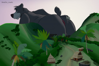 anthro anus balls big_butt butt claws finger_claws fur genitals grey_body grey_fur hand_on_butt head_tuft hill huge_butt hut looking_back macro male obese obese_anthro obese_male overweight overweight_anthro overweight_male palm_tree plant presenting presenting_anus raised_tail solo tail text tree tuft valley doodle_lewds the_jungle_book baloo bear mammal sloth_bear ursine 2025 digital_media_(artwork) hi_res shaded