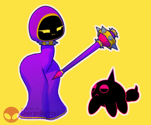 :3 :< armless big_butt black_body black_spikes black_tail blonde_eyelashes butt clothing collar duo exclamation_point eyelashes female female_humanoid feral floating_object frown knock-kneed larger_female larger_humanoid looking_at_another looking_down looking_down_at_another male male_feral narrowed_eyes onomatopoeia open_mouth open_smile outline pink_text purple_clothing purple_robe robe simple_background size_difference smaller_feral smaller_male smile sound_effects spiked_collar spikes spikes_(anatomy) staff standing tail text thick_thighs white_outline wide_hipped_female wide_hipped_humanoid wide_hips yellow_background yellow_collar yellow_eyes yellow_mouth sharpybutts malice_(pinkmoth) humanoid imp pathetic_critter 2024 3d_(artwork) 3d_animation animated artist_name digital_media_(artwork) short_playtime url watermark