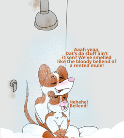 anthro bathing brown_body brown_ears brown_fur brown_tail chin_on_head dialogue duo eyes_closed fangs fur hair hug hugging_another hugging_from_behind inside male male/male pink_nose public_shower relaxed_expression relaxing sharp_teeth shower showering sitting sitting_on_ground soap tail teeth text tongue water white_body white_fur white_hair young young_anthro young_male pupsnbuns blake_beou_(pupsnbuns) dan_beou_(pupsnbuns) canid canine canis domestic_dog mammal 2023 digital_media_(artwork) english_text hi_res father_(lore) father_and_child_(lore) father_and_son_(lore) parent_(lore) parent_and_child_(lore) parent_and_son_(lore) son_(lore)