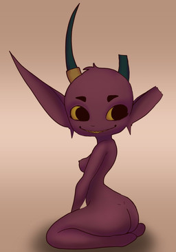 big_butt black_eyes breasts broken_horn butt female green_horn horn humanoid_pointy_ears kneeling nipples pointy_ears red_body red_skin sharp_teeth simple_background small_breasts smile solo tan_background teeth thick_thighs torn_ear wide_hips yellow_sclera yellow_teeth bluesparrow horned_humanoid humanoid imp hi_res